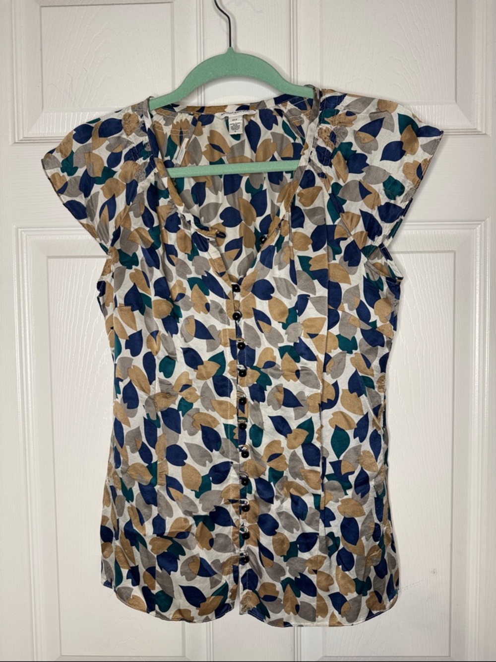 Banana Republic Leaf-Print Button Front Top in Navy, Teal & Tan